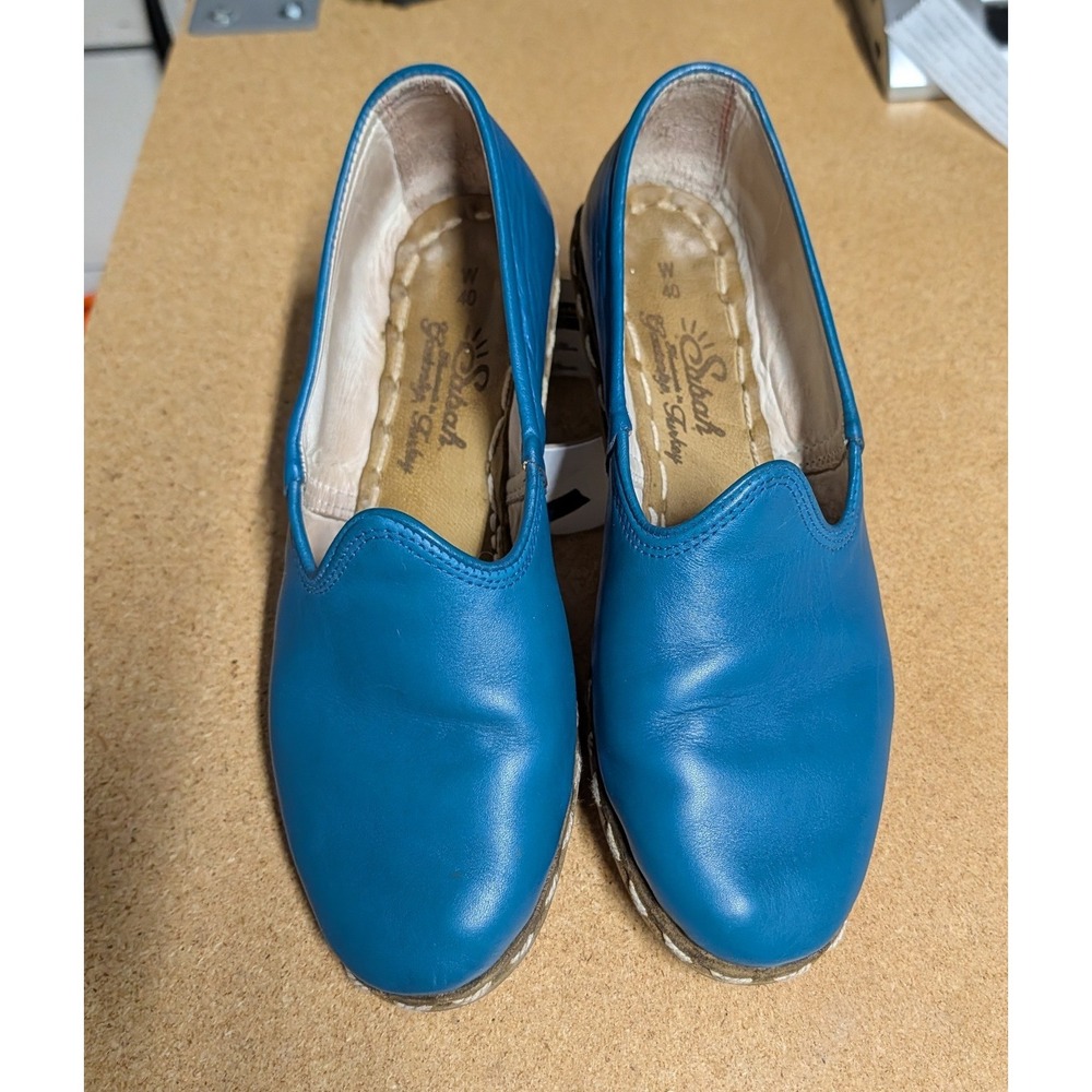 Sabah Blue Leather Handmade Slipper Loafer Turkish Contrast Stitch Blue W40 Boho - Picture 4 of 7